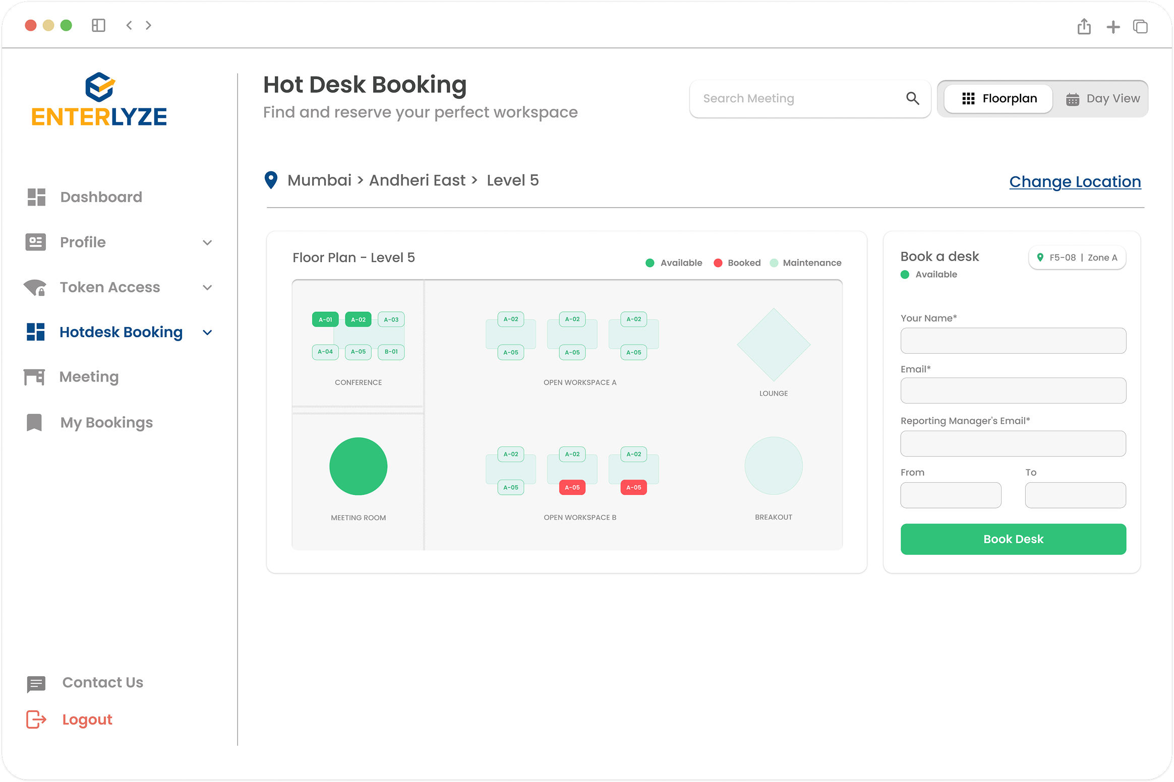 Hot Desk Booking dashboard